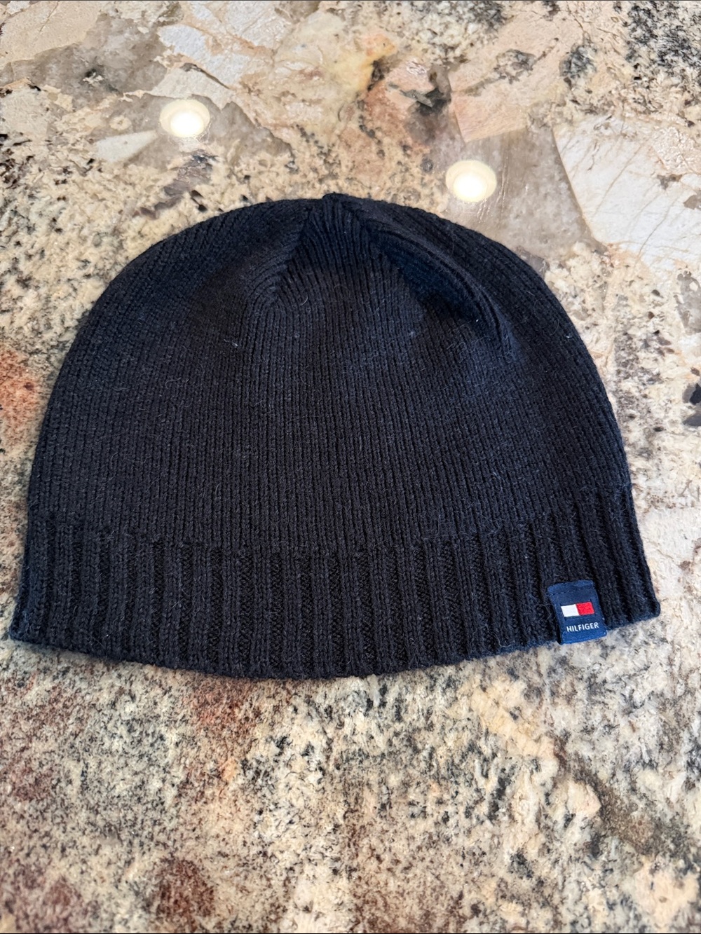 Tommy Hilfiger Black Ribbed Knit Hat with Flag Patch